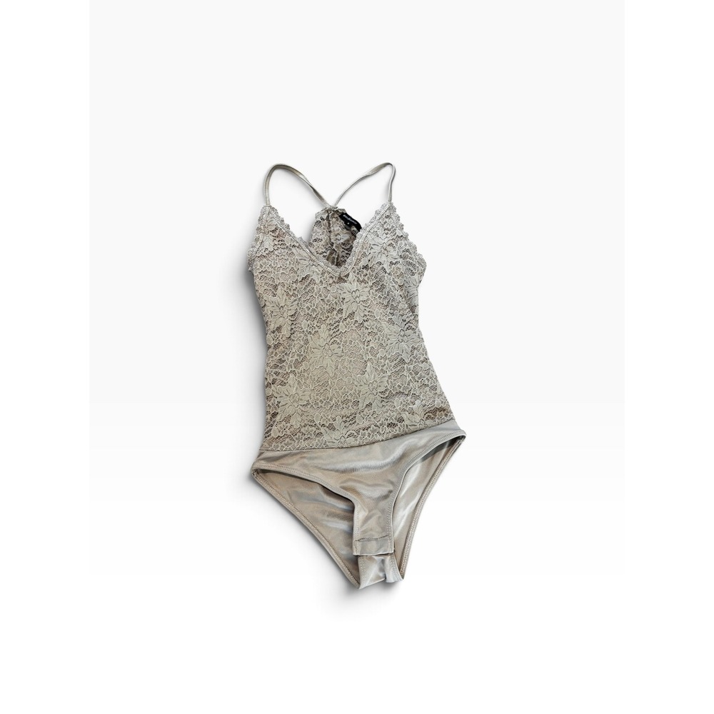 Ambiance Bodysuit S Beige Floral Lace Strappy Back Cutout Snap Crotch
